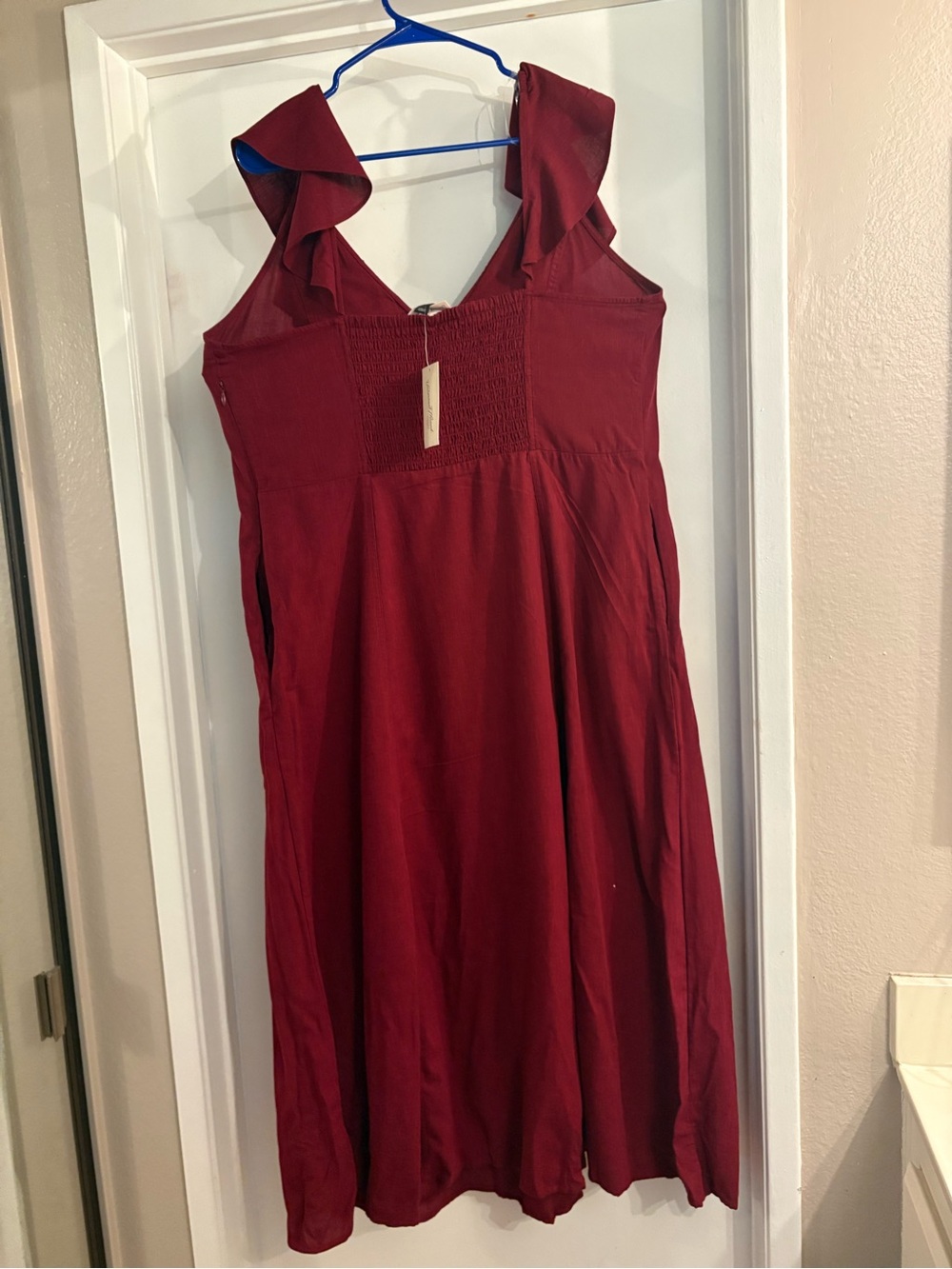American Threads Burgundy Ruffled V-Neck Midi Dress - Picture 4 of 12
